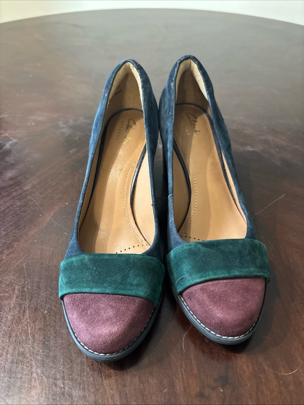 Clarks Two-Tone Suede Flats in Navy, Green & Burgundy
